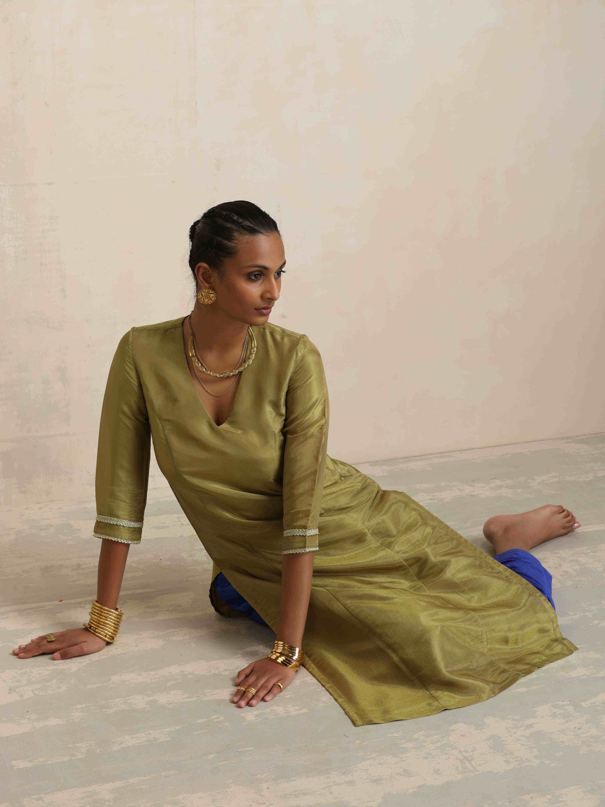 trueBrowns Green Tissue Straight Kurta Set | Grocsy