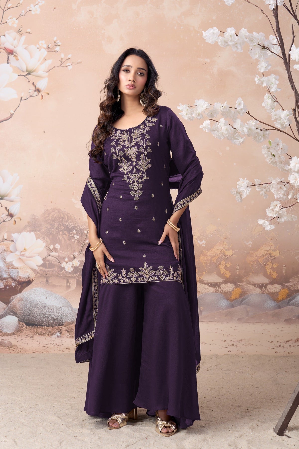 Anaita Purple Vichitra Silk Readymade Suit with Coding Work | Grocsy