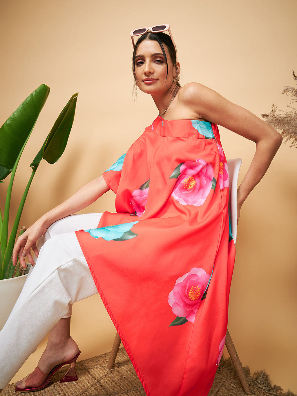 InWeave Women's Dark Orange Pink Blue Flower One Shoulder Kurta | Grocsy