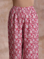trueBrowns Pink Green Floral On White Block Print Cotton Slit Kurta Pant Set | Grocsy