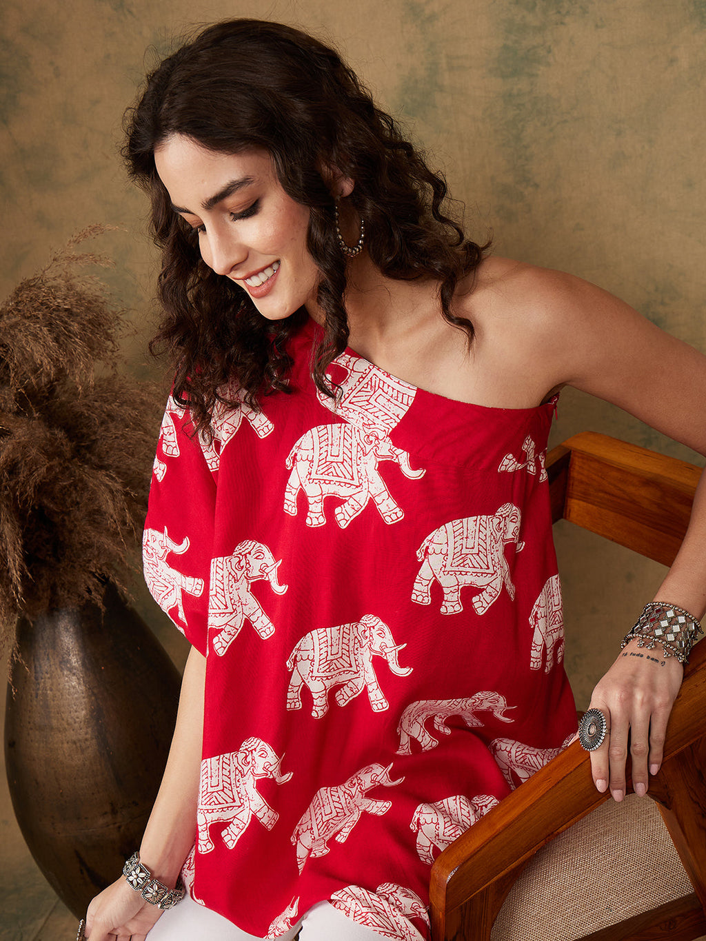 InWeave Women's Red Elephant Print Oneshoulder Top | Grocsy