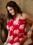 InWeave Women's Red Elephant Print Oneshoulder Top | Grocsy