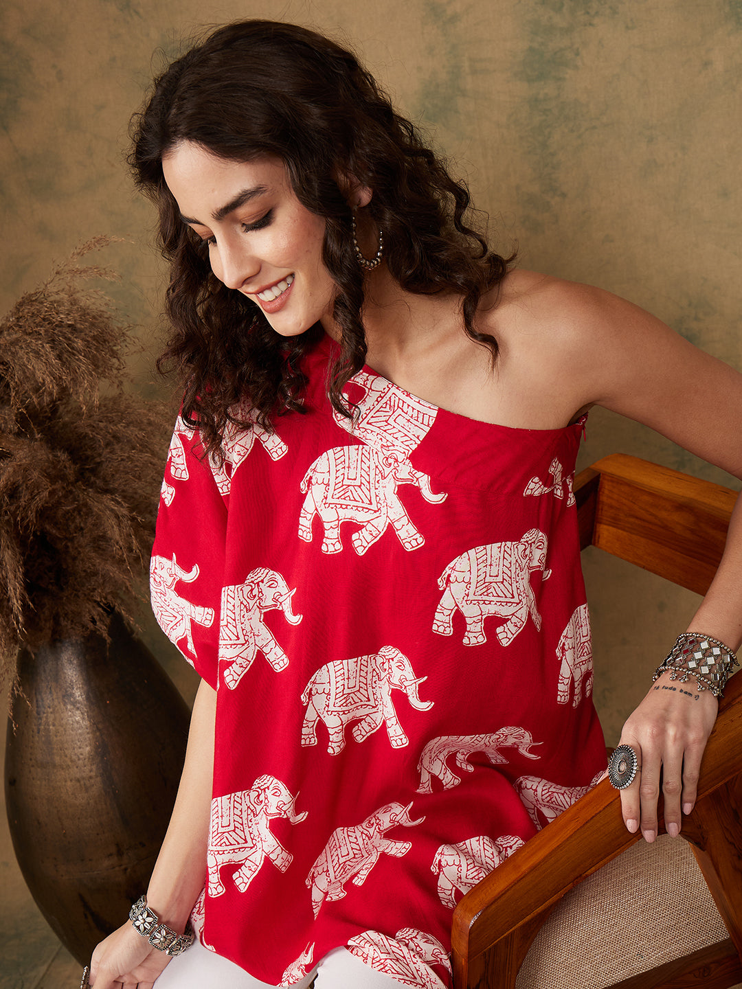 InWeave Women's Red Elephant Print Oneshoulder Top | Grocsy