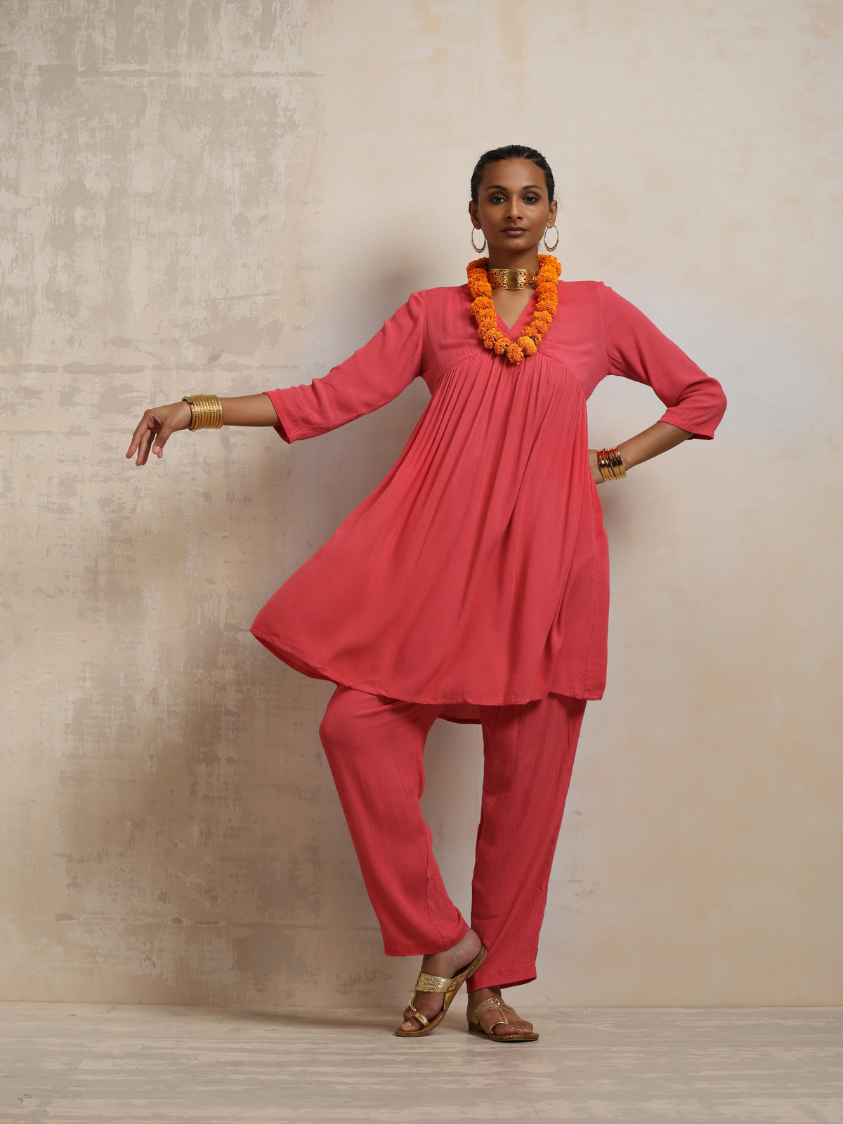 trueBrowns Peach Crinkle Flared Kurta Co-ord Set | Grocsy