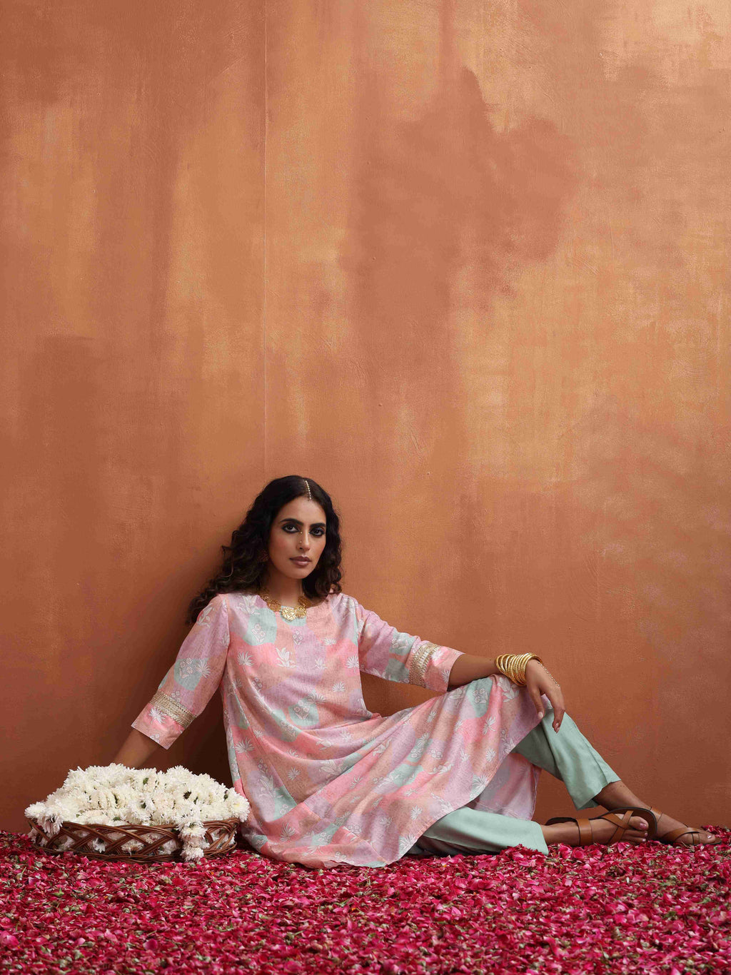 trueBrowns Beige Palm Print A-line Kurta Set | Grocsy