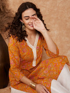 InWeave Women's Fire Yellow Print V Neck Lace Work Straight Kurta | Grocsy