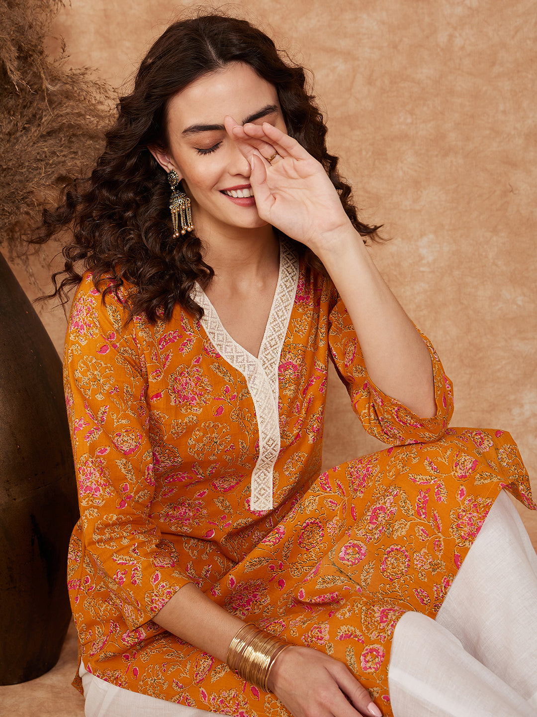 InWeave Women's Fire Yellow Print V Neck Lace Work Straight Kurta | Grocsy