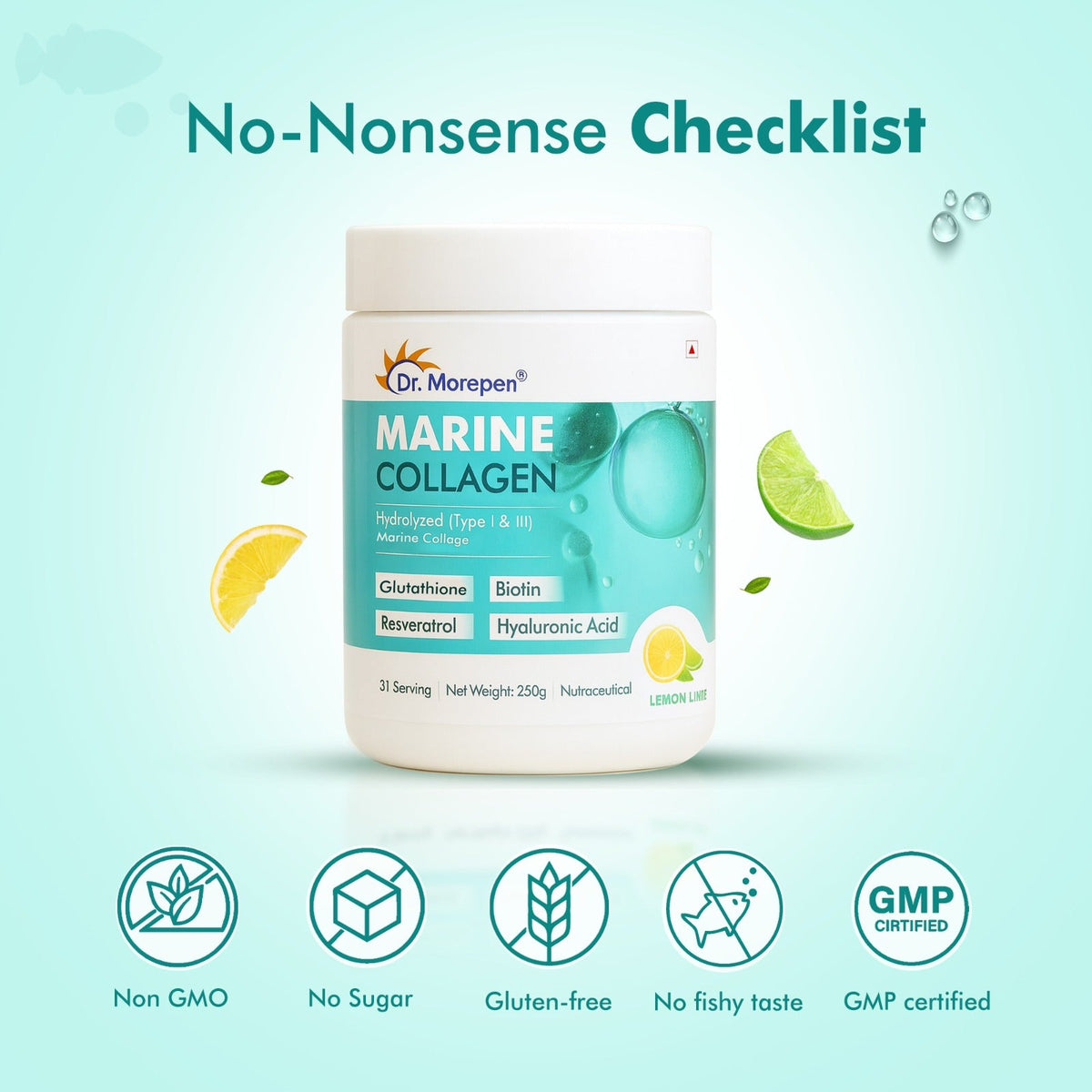 Dr. Morepan Marine Collagen Powder with Glutathione, Hyaluronic Acid, Resveratrol & Biotin Lemon Lime Flavour | Grocsy