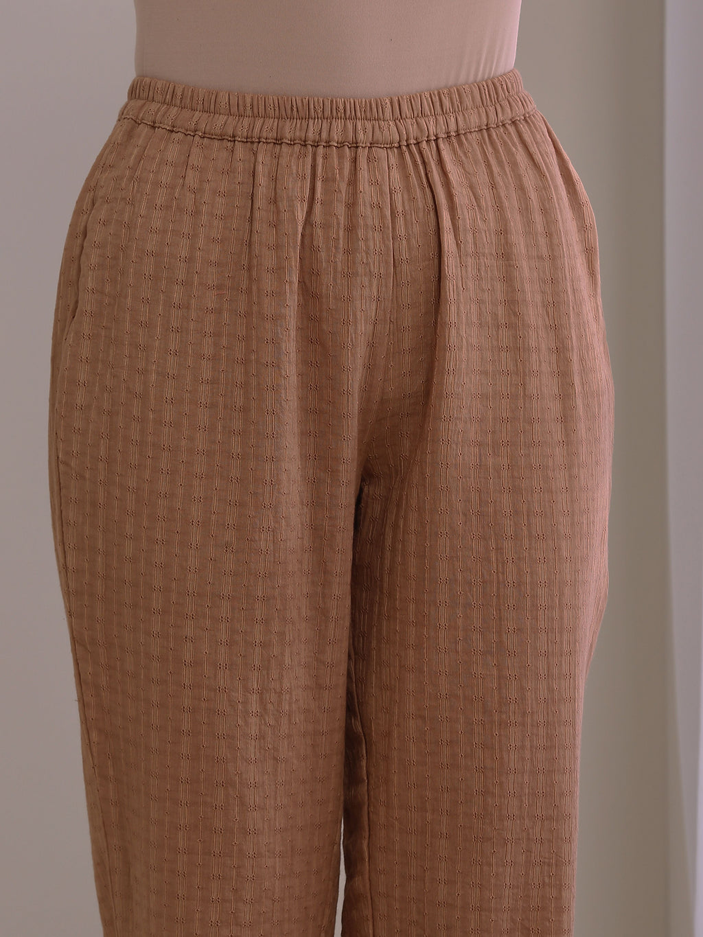 trueBrowns Beige Dobby Boxy Fit High-Low Co-Ord Set | Grocsy