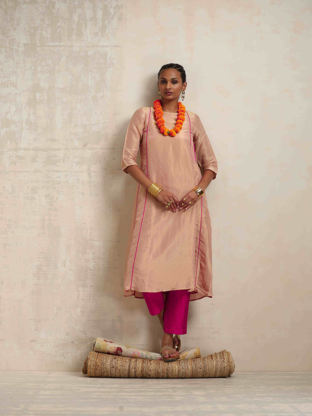 trueBrowns Blush Pink Tissue A-line Kurta Set | Grocsy