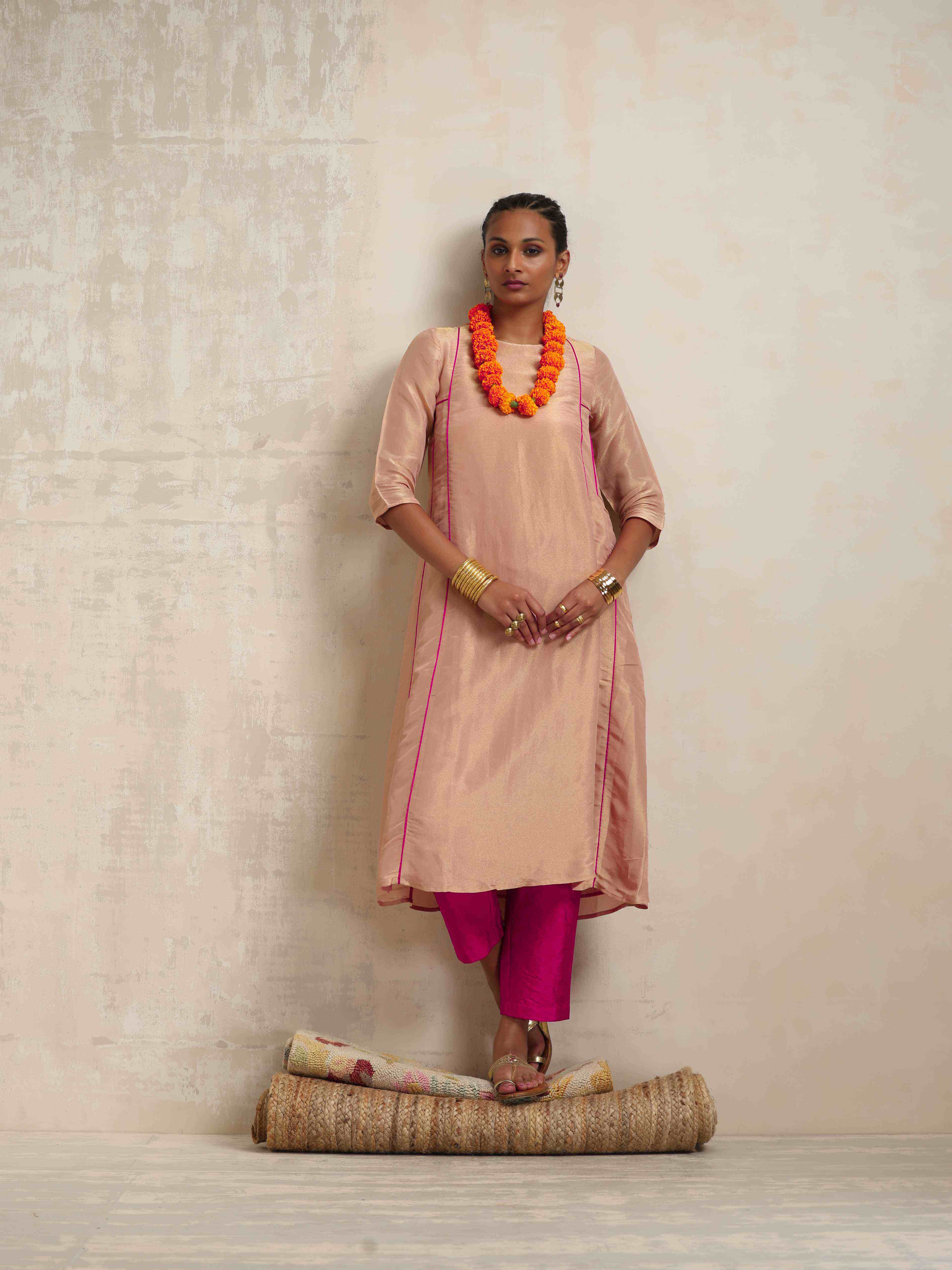 trueBrowns Blush Pink Tissue A-line Kurta Set | Grocsy