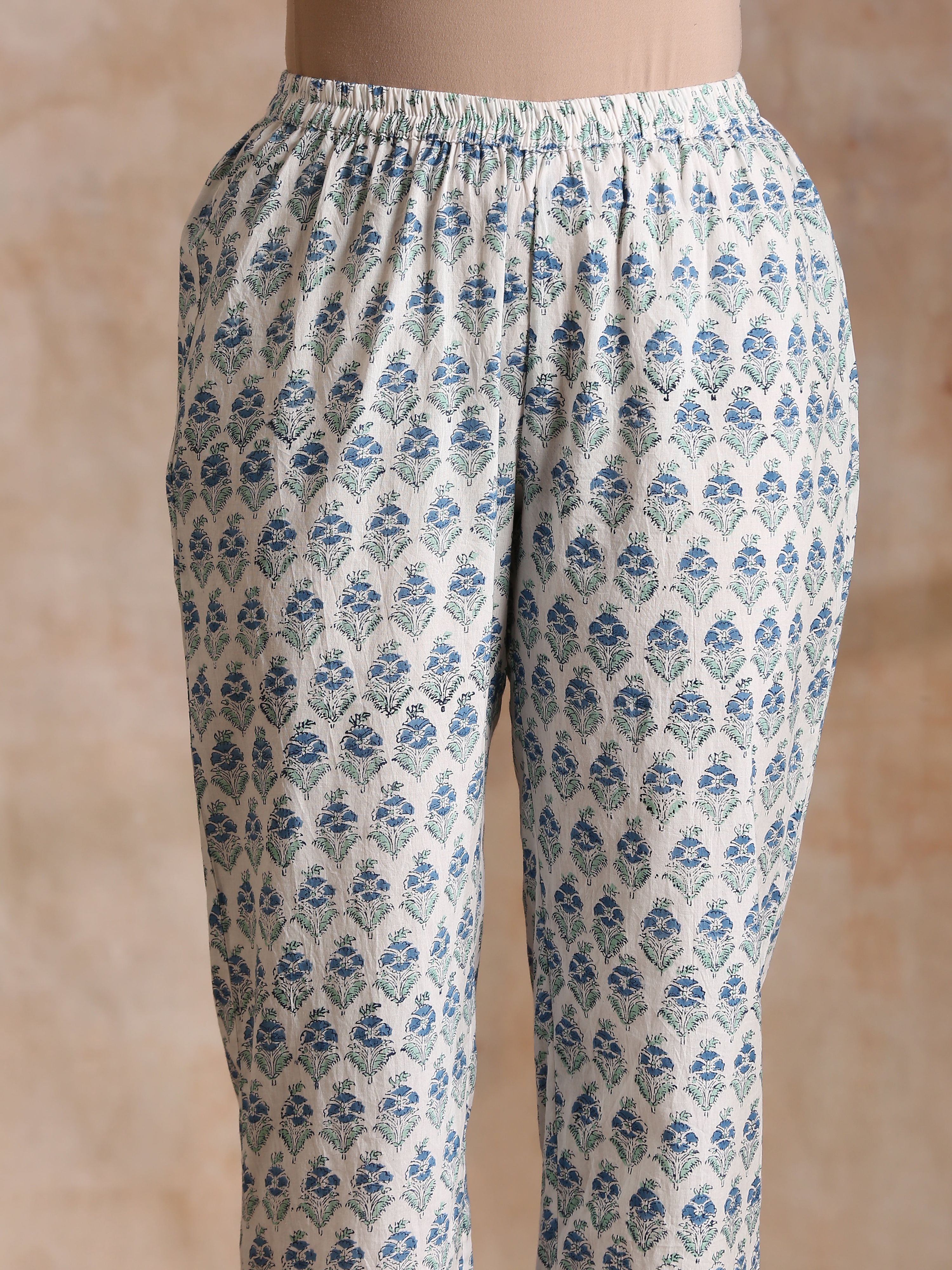 trueBrowns White With Blue Green Buta Print Cotton Flared Kurta Pant Set | Grocsy