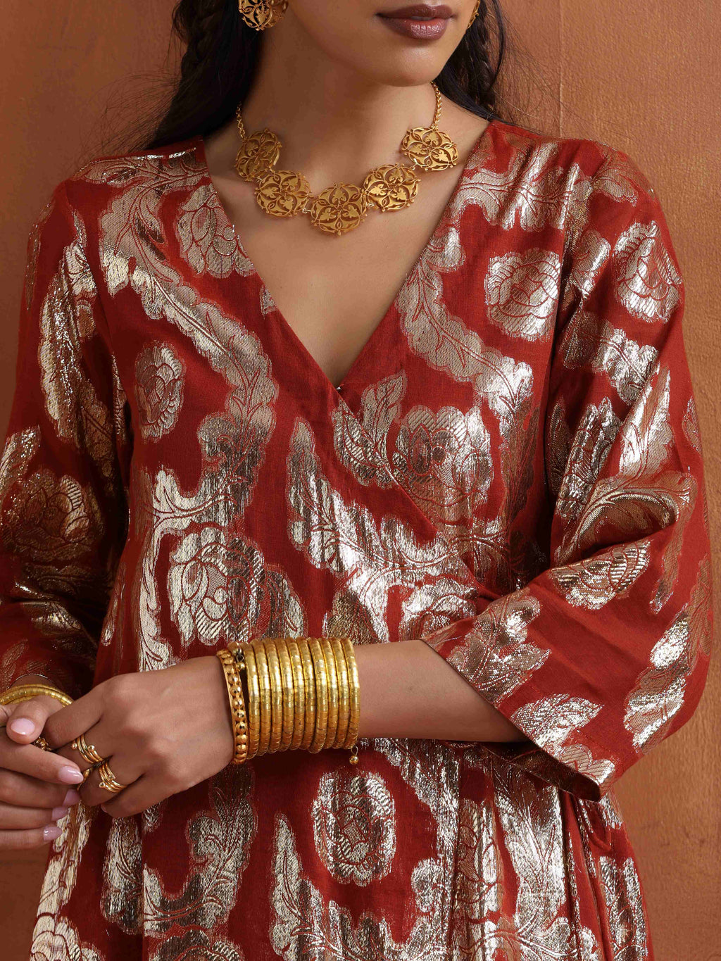 trueBrowns Rust Metallic Angrakha Kurta Set | Grocsy