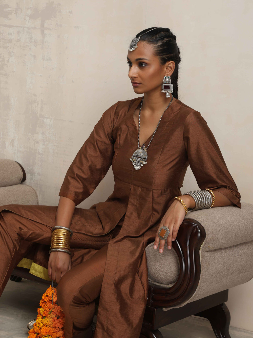 trueBrowns Brown Silk Slit Kurta Set | Grocsy