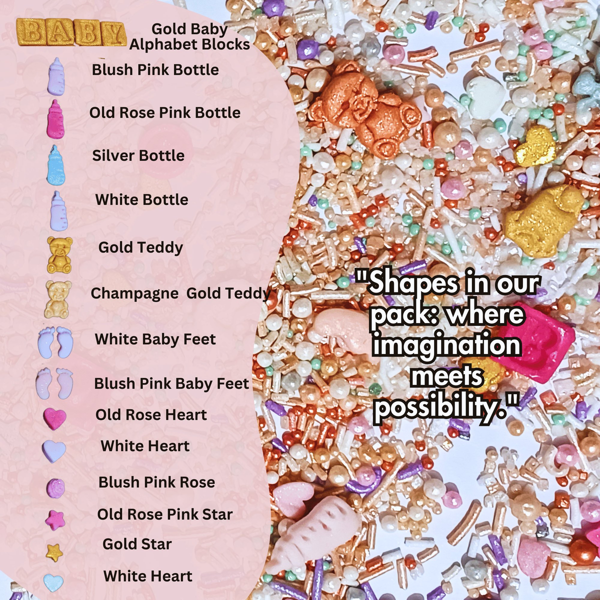 Confect Girls Baby Shower Sprinkles | Edible Sprinkles | Mix Silver, Gold & Blush pink Sprinkles | Grocsy