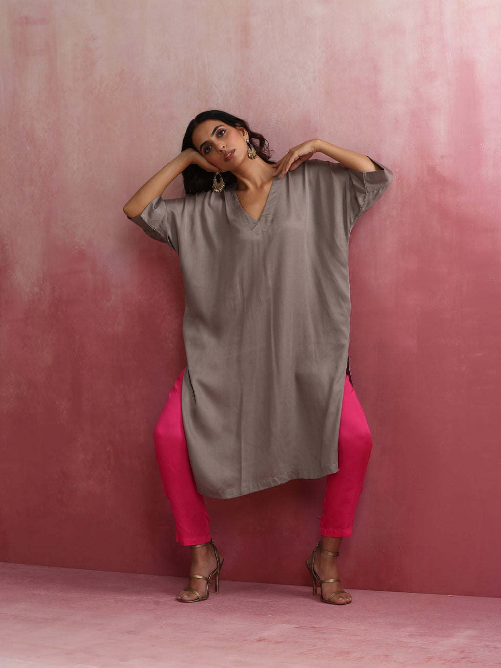 trueBrowns Grey Modal Kimono Kurta Set | Grocsy
