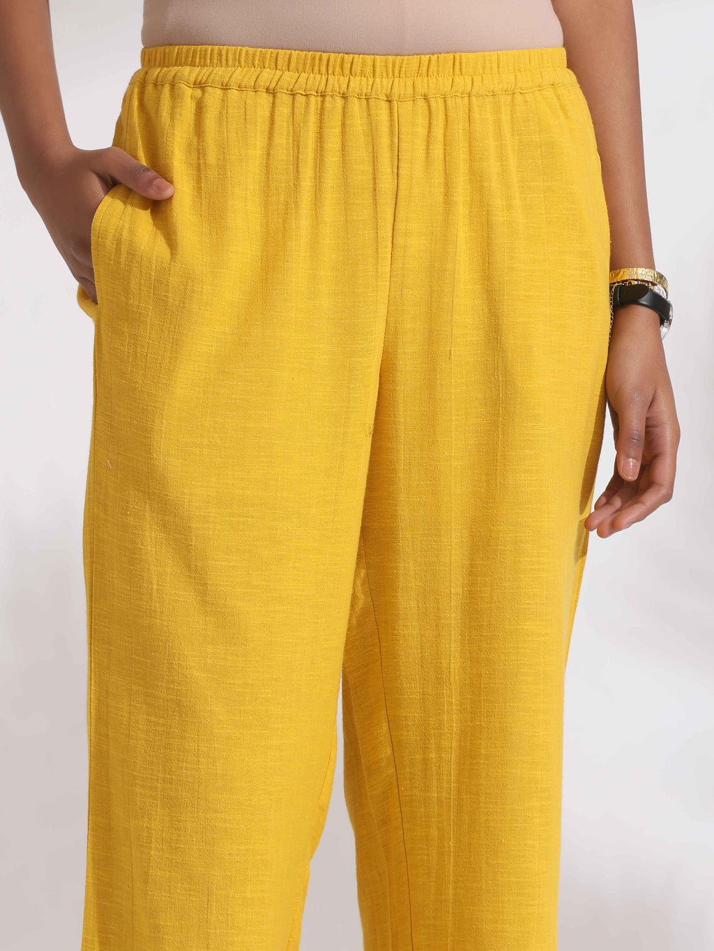 trueBrowns Yellow Cotton Slub Embroidered Straight Kurta Set | Grocsy