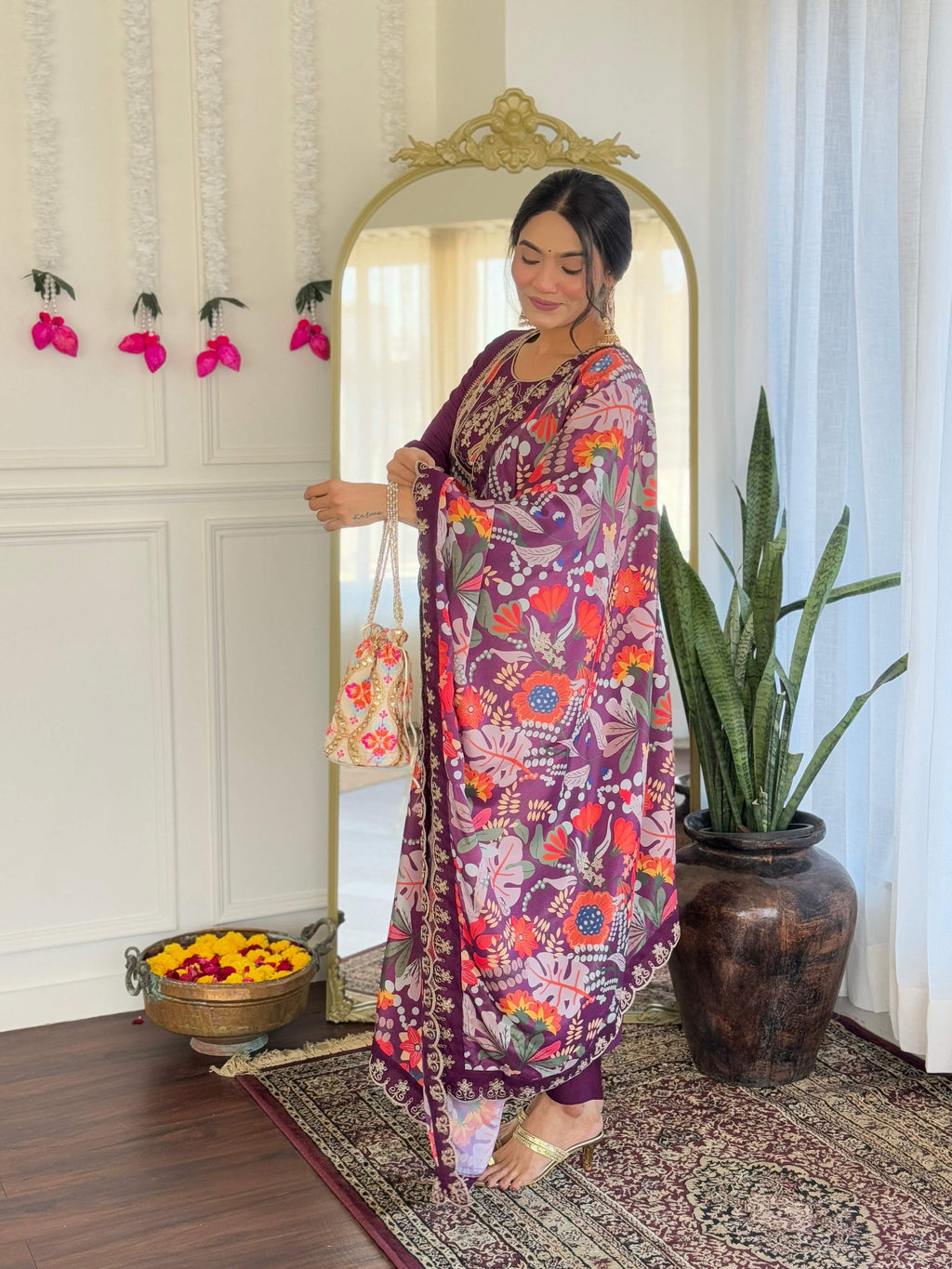 The52 Women's Viscose Chanderi Fabric Straight Kurta, Pant and Dupatta Set | Grocsy