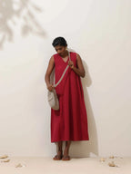 trueBrowns Maroon Cotton Linen Dress | Grocsy
