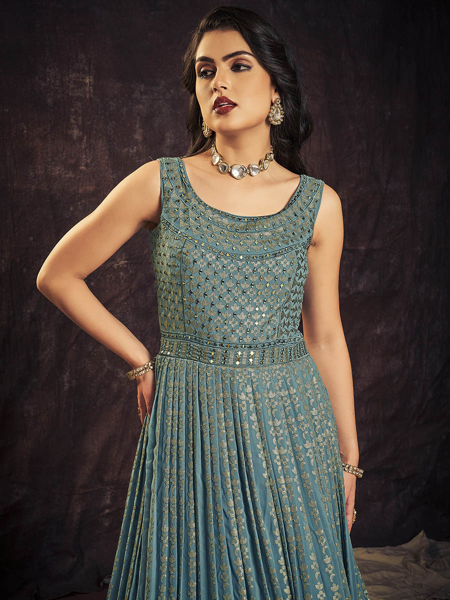 Myra Blue Real Georgette Designer Gown Style Suit | Grocsy