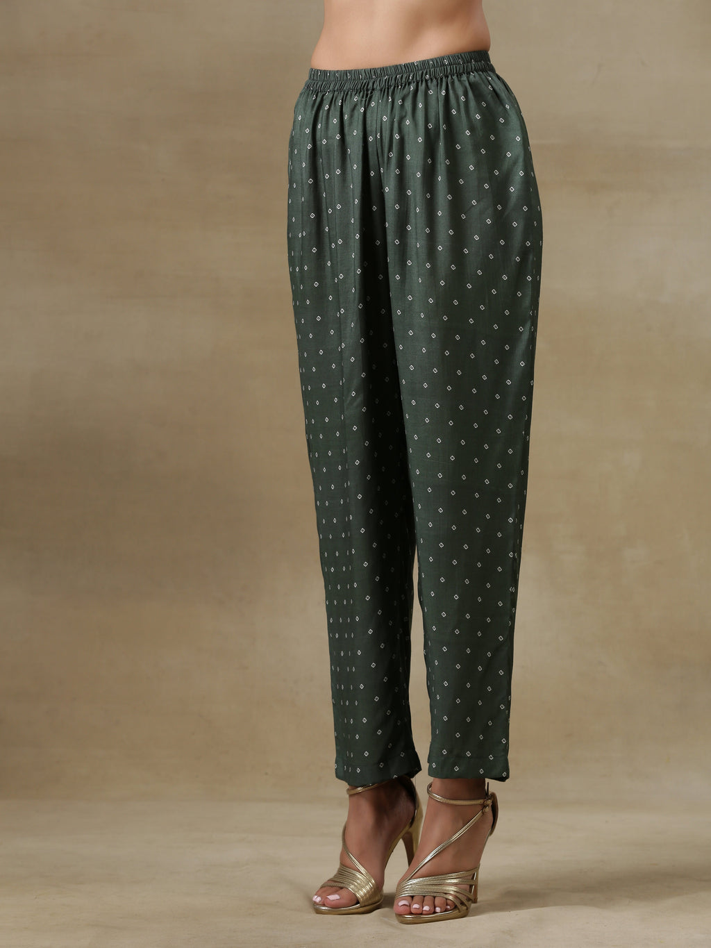 trueBrowns Dark Green Bandhani Printed Silk Side Gathered Kurta Pant Set | Grocsy