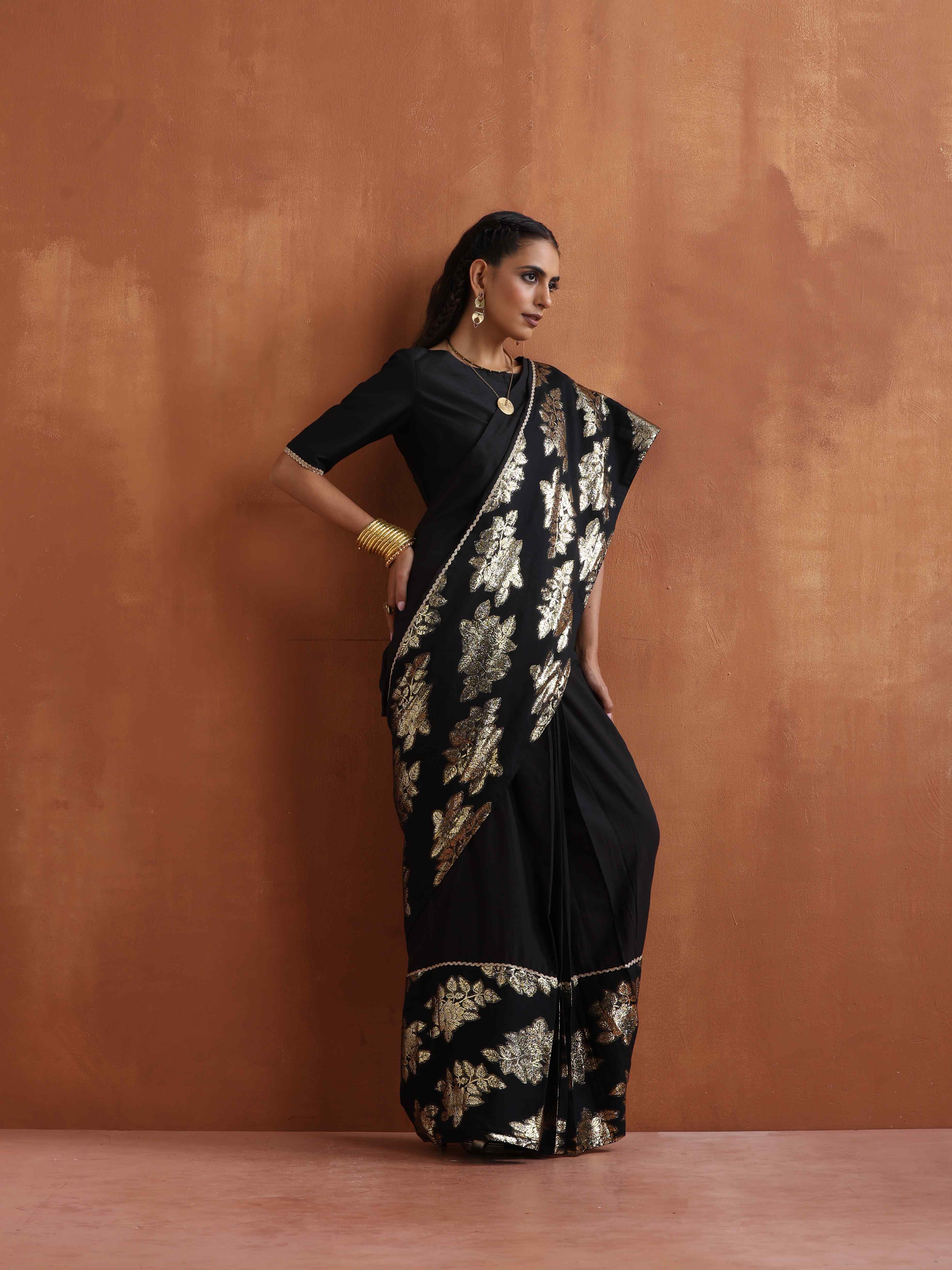 trueBrowns Black Metallic Ready To Wear Saree | Grocsy
