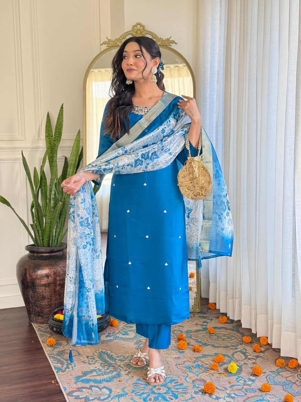 The52 Women's Beautiful Roman Silk Embroidered Straight Kurta with Pant And Dupatta Set | Grocsy