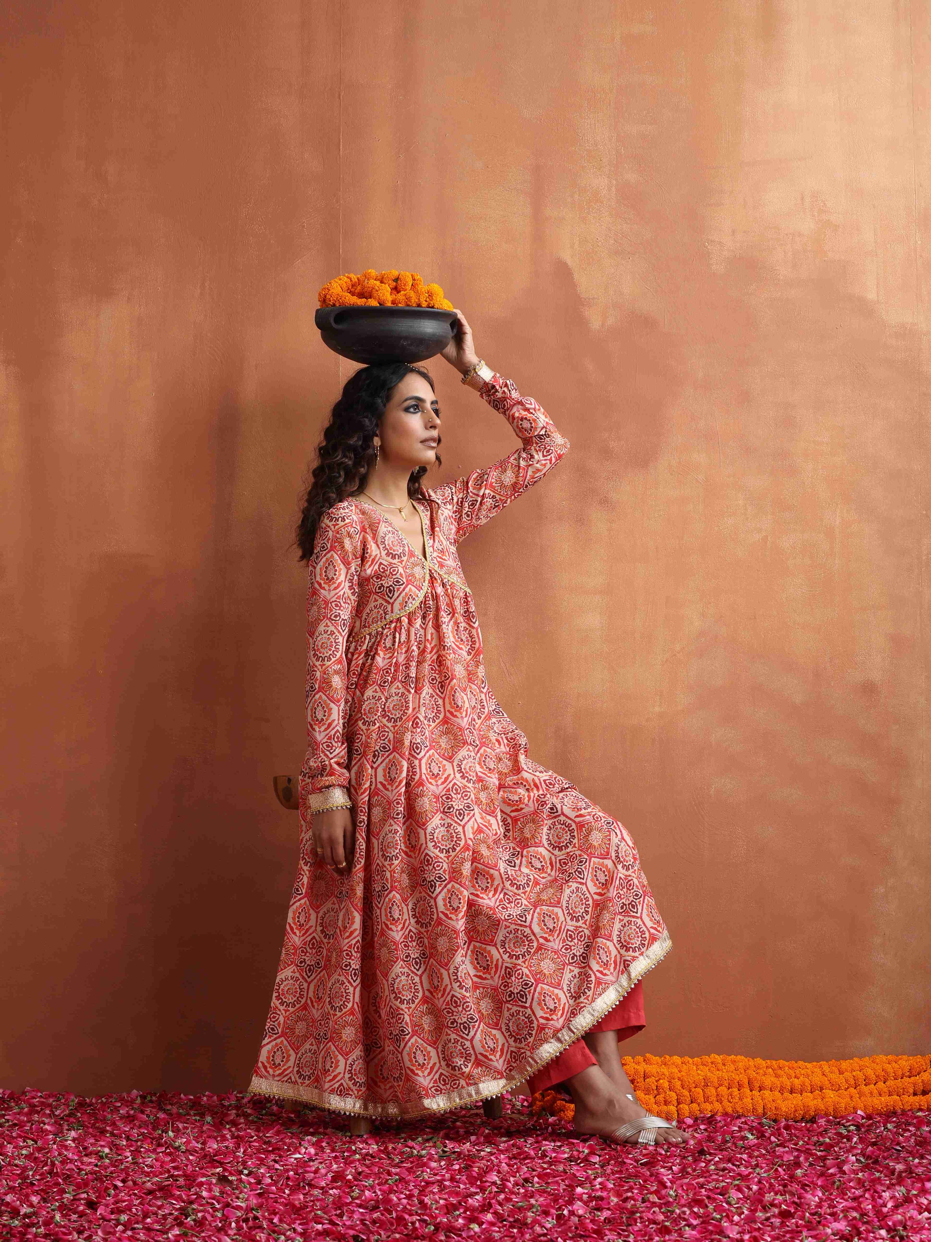 trueBrowns Beige Print Flared Anarkali Kurta Set | Grocsy