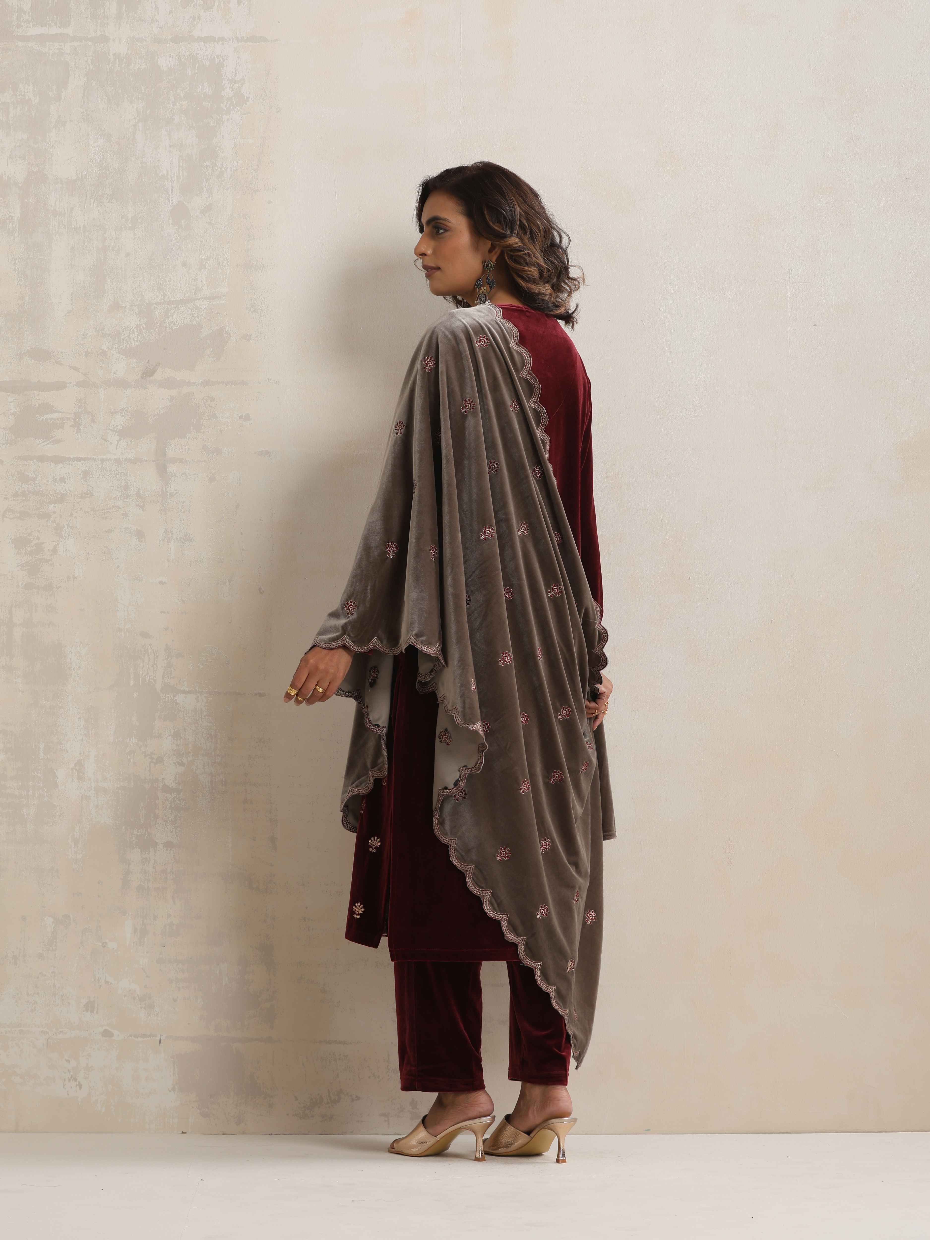trueBrowns Maroon Velvet Embroidered Kurta Pant Dupatta Set | Grocsy