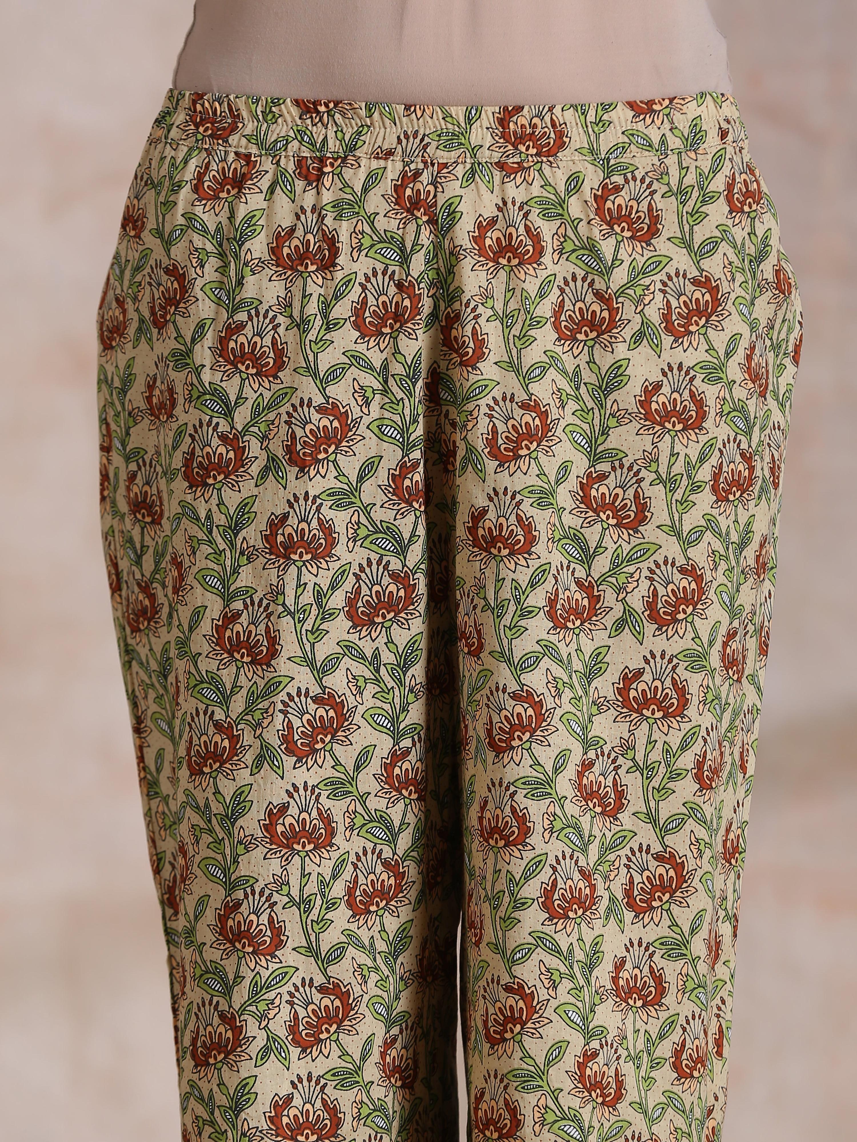 trueBrowns Beige Overall Brown Floral Block Print Cotton High-Low Co-Ord Set | Grocsy