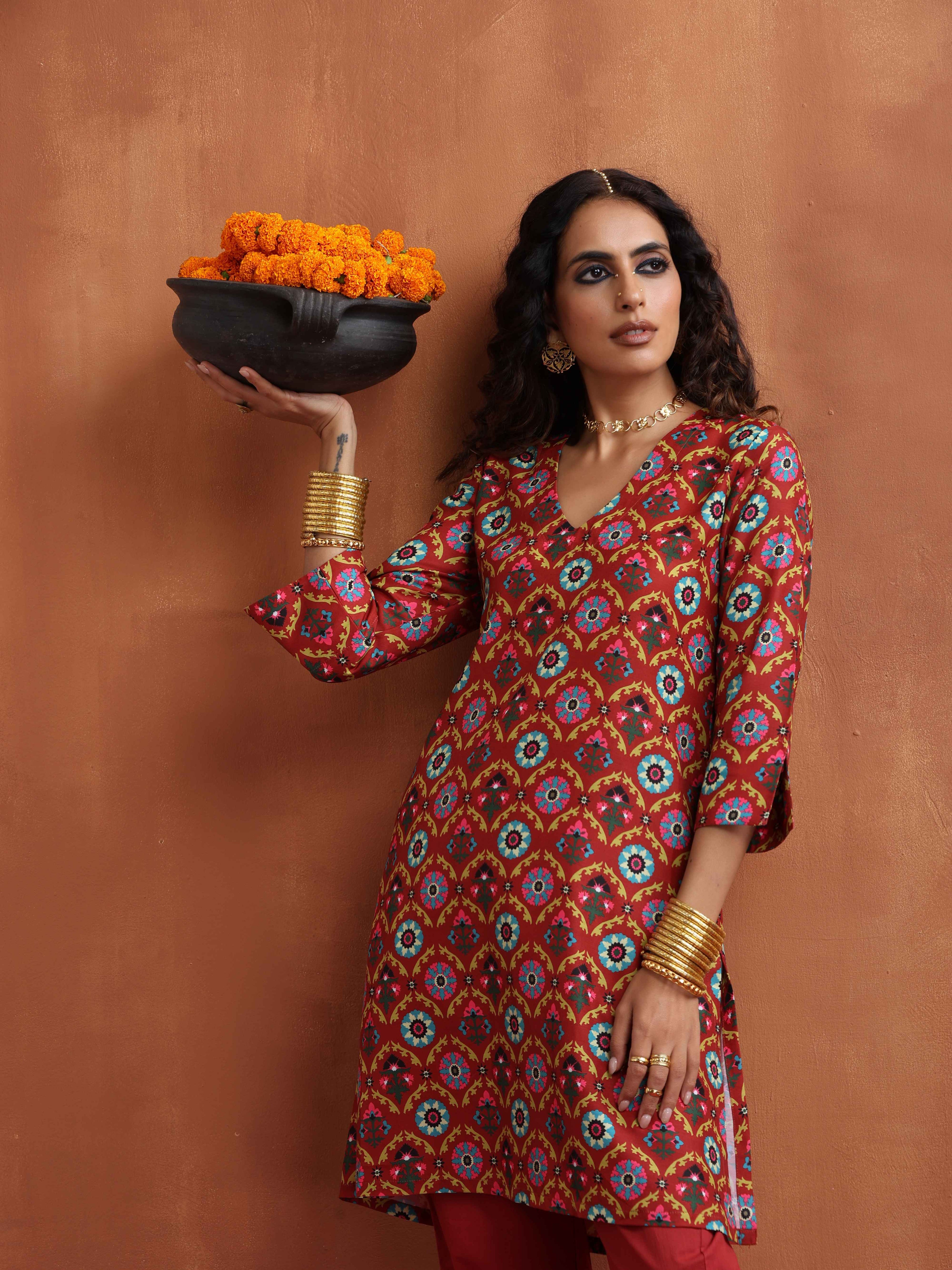 trueBrowns Rust Print Kurta Co-ord Set | Grocsy