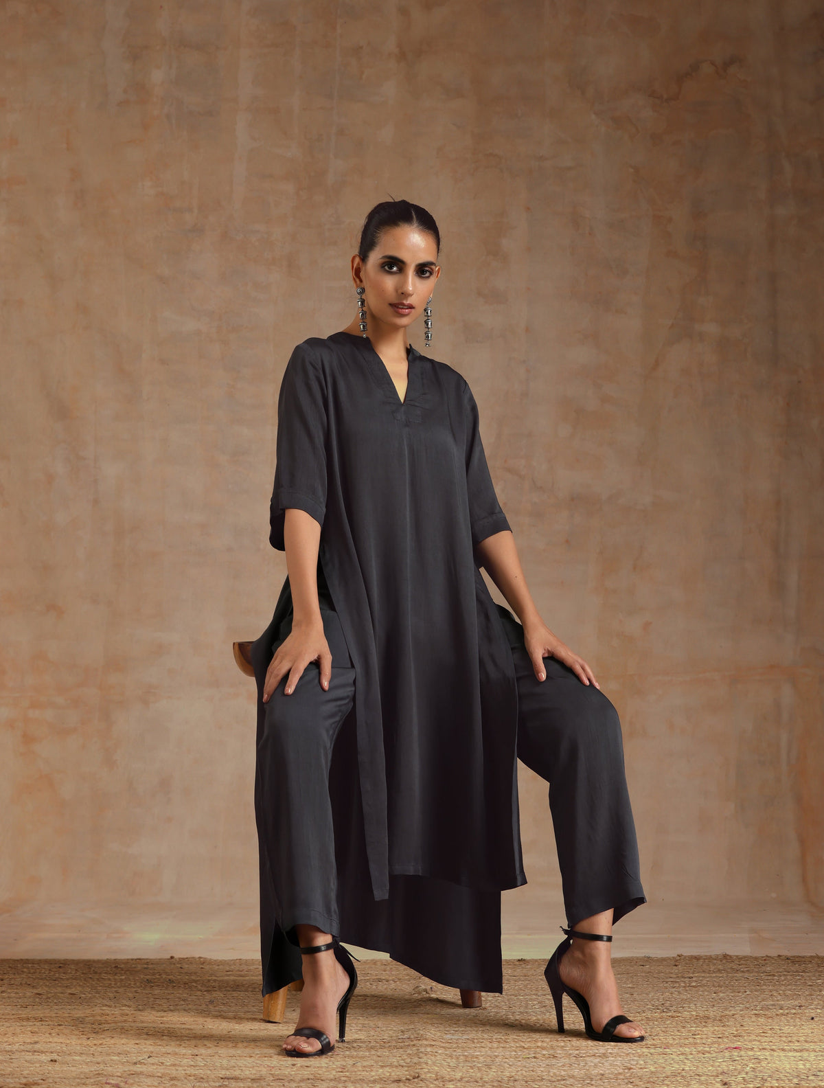 trueBrowns Grey Modal Satin High-Low Relax Kurta Set | Relove | Grocsy