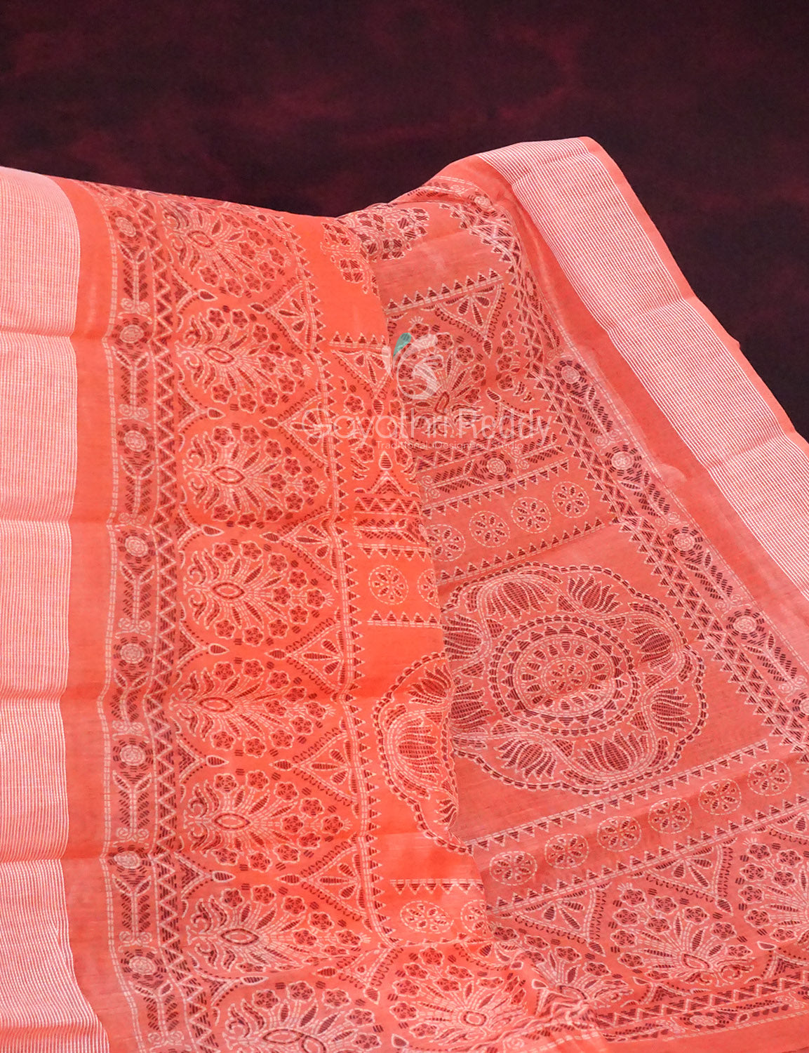 Peachish Orange Block Printed Semi Chanderi Saree By Gayathri Reddy Designer Studio | Grocsy
