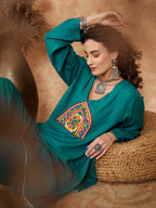 InWeave Women's Teal Trangle Yellow Patch Work Assymentrical Kurta Set | Grocsy