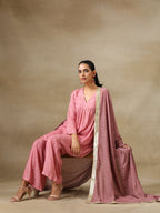 trueBrowns Light Mauve Bandhani Printed Silk Flared Kurta Pant Dupatta Set | Grocsy