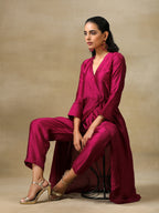 trueBrowns Purple Textured Silk Angrakha Kurta Pant Set | Grocsy