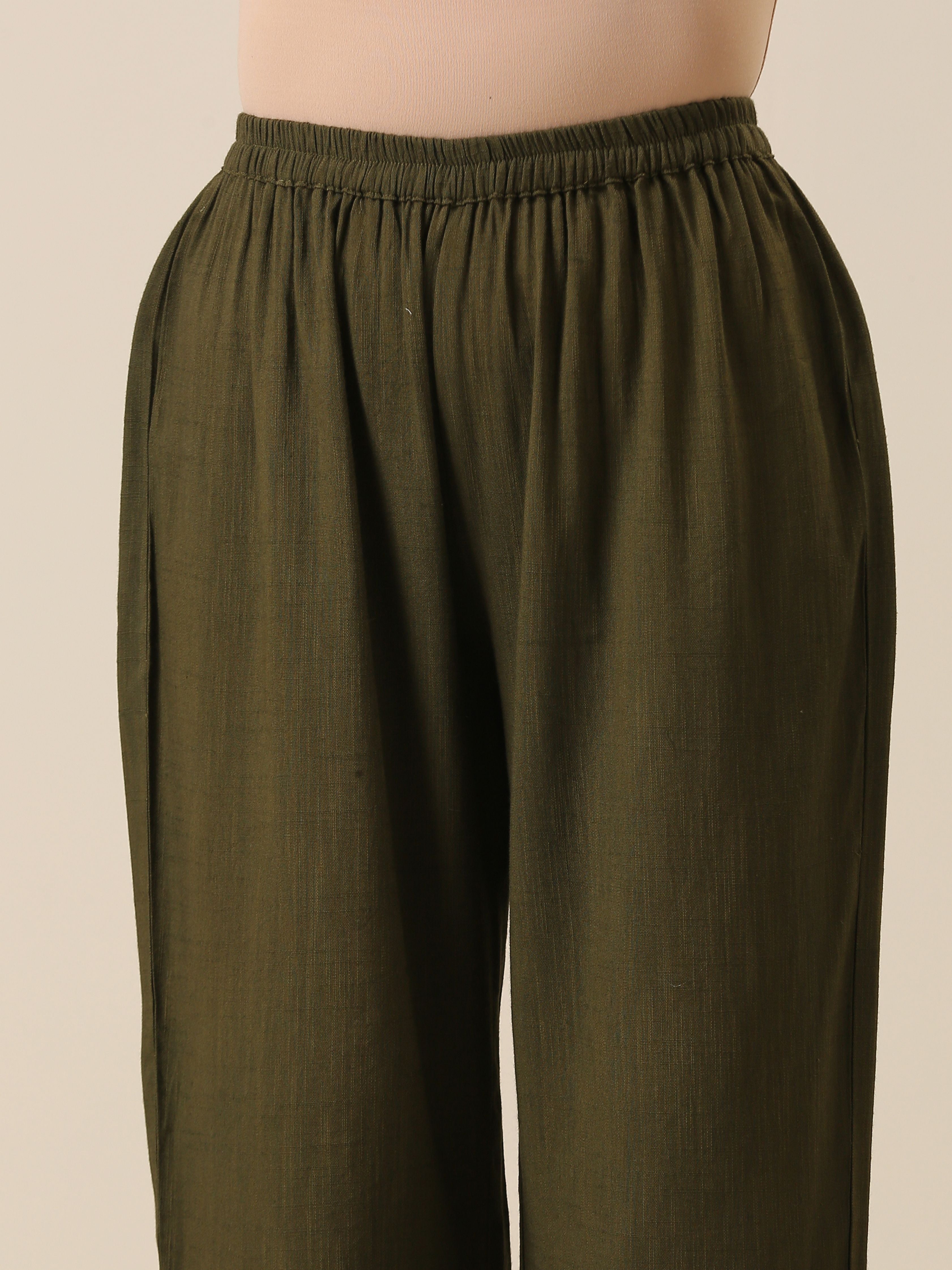 trueBrowns Olive Green Slub Texture Kurta Pant Set | Grocsy