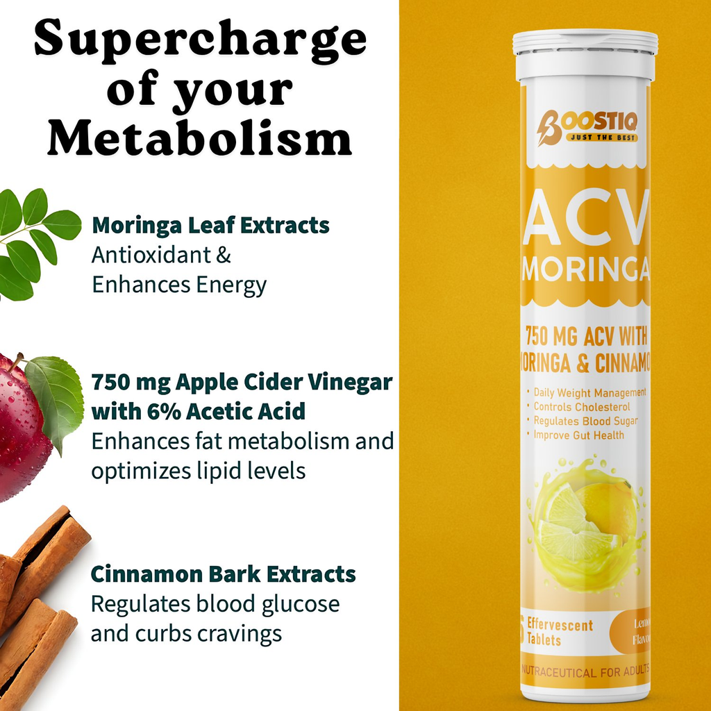 BOOSTIQ ACV Moringa & Cinnamon Effervescent Tablets - Lemon Flavour | Grocsy