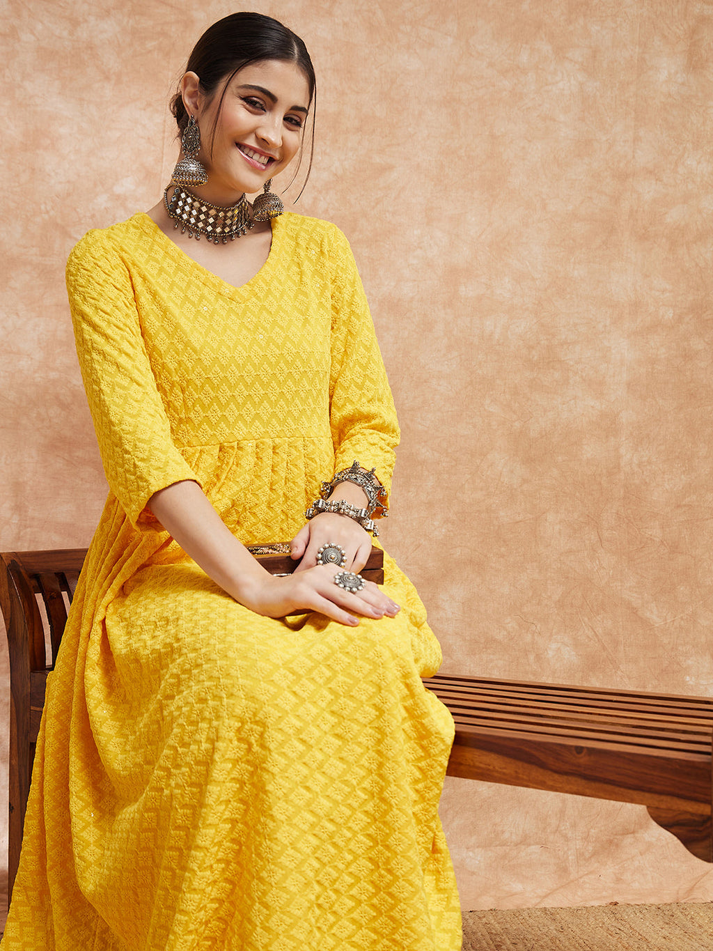 InWeave Women's Butter Yellow Chikankari Long Anarkali Kurta Sharara Set | Grocsy