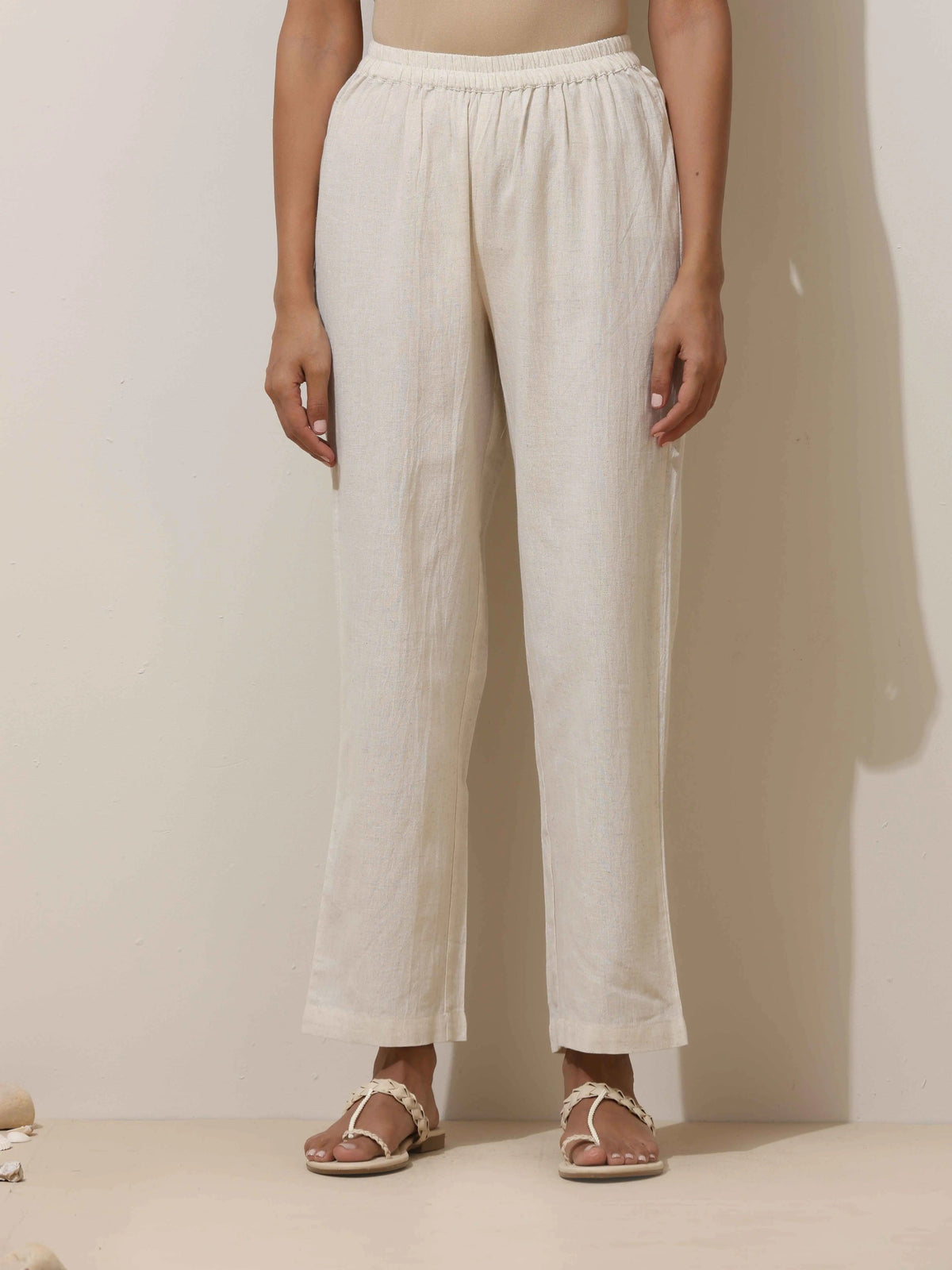 trueBrowns Off White Cotton Linen Angrakha Kurta Pant Set | Grocsy