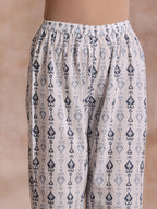 trueBrowns Grey On White Ikat Print Cotton Baggy Sleeve Co-Ord Set | Grocsy