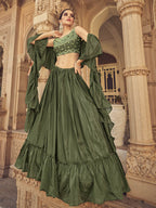 Myra Olive Chinon & Art SIlk Embroidered Designer Lehenga Choli | Grocsy