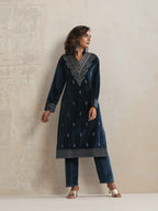 trueBrowns Blue Velvet Embroidered Kurta Pant Dupatta Set | Grocsy