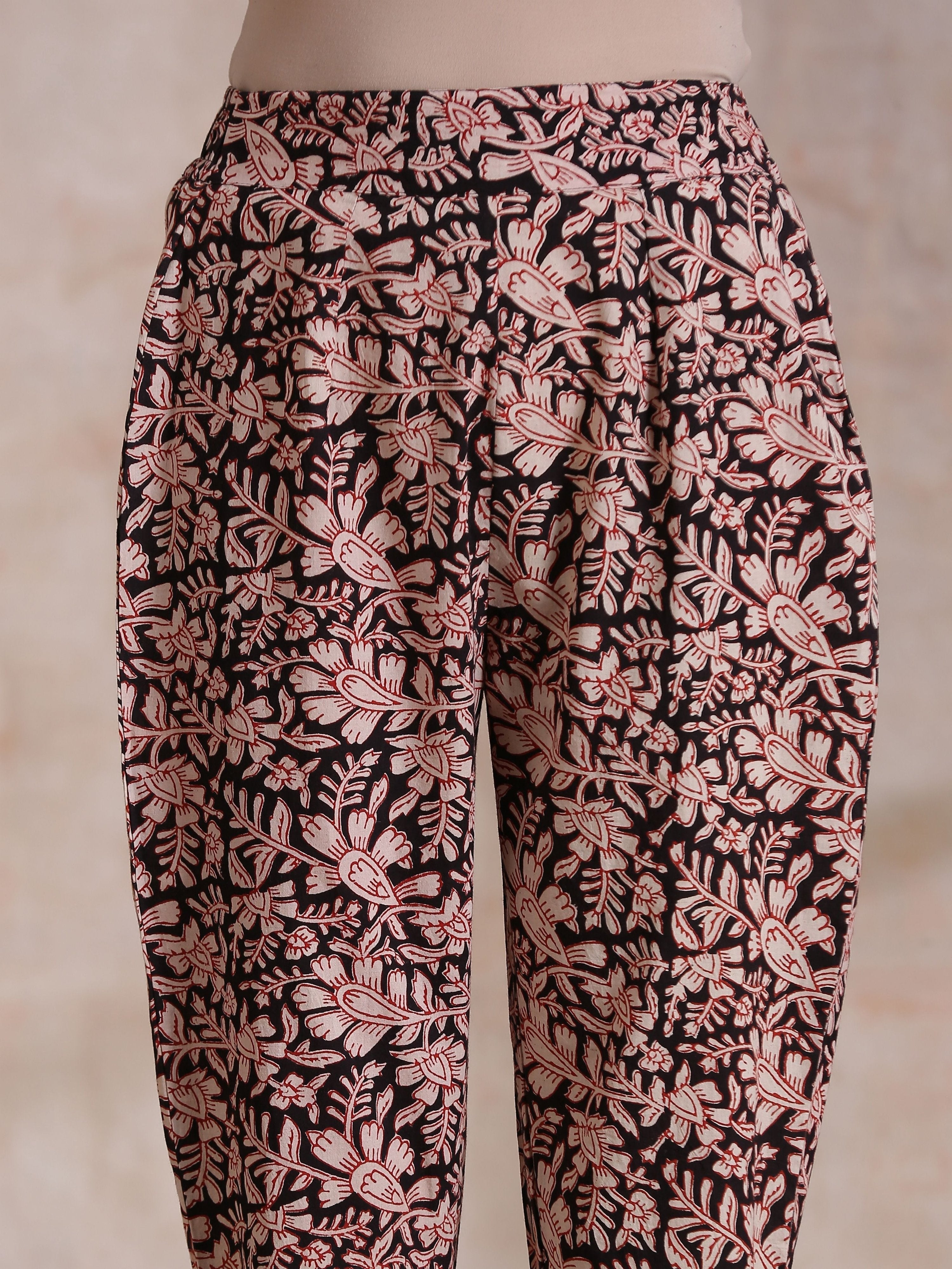 trueBrowns Black Floral Overall Bagru Print Cotton Pant Suit Set | Grocsy