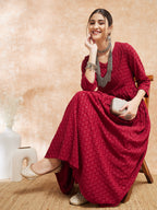 InWeave Women's Maroon Chikankari Long Anarkali Kurta Sharara Set | Grocsy