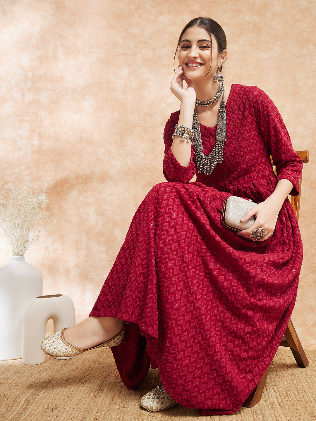 InWeave Women's Maroon Chikankari Long Anarkali Kurta Sharara Set | Grocsy
