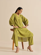 trueBrowns Fresh Green Dobby Puff Sleeve Kurta Pant Set | Grocsy