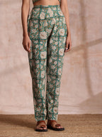 trueBrowns Fern Green Overall Floral Block Print Cotton Pant Suit Set | Grocsy