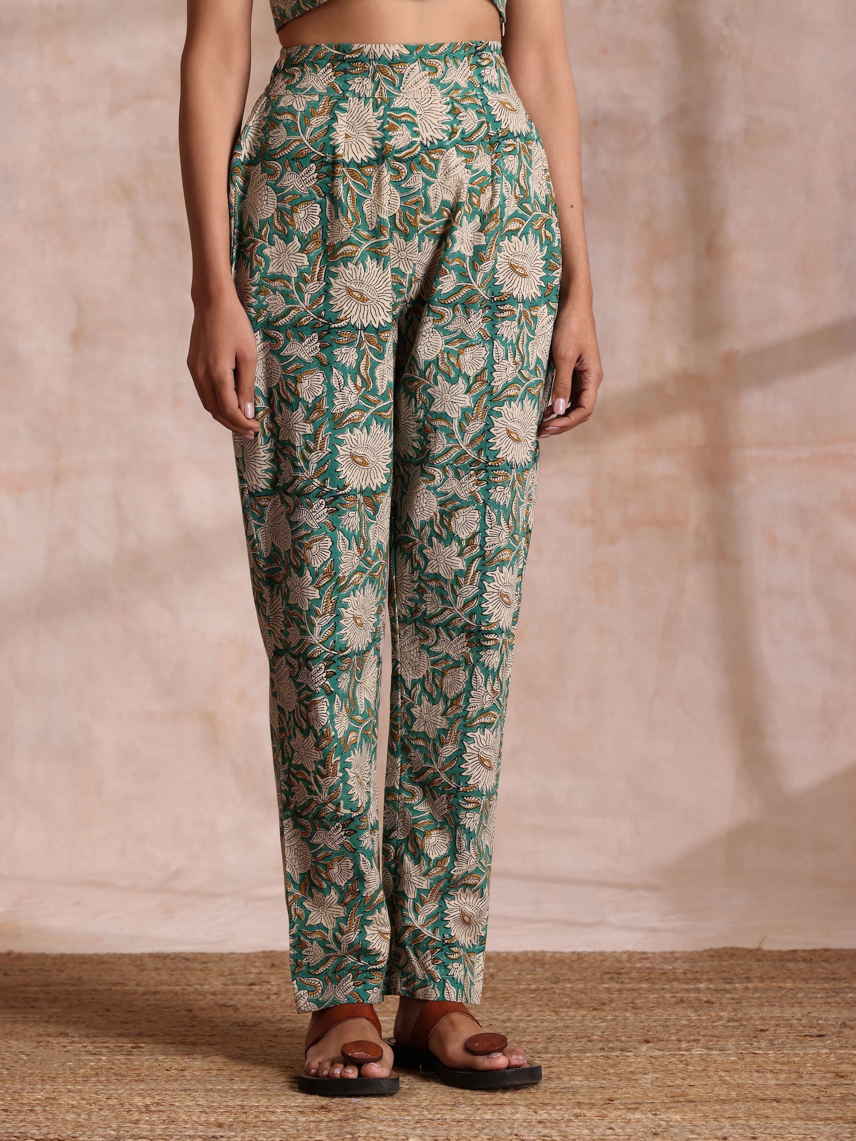 trueBrowns Fern Green Overall Floral Block Print Cotton Pant Suit Set | Grocsy