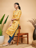 InWeave Women's Yellow Foil Print Gota Straight Kurta | Grocsy